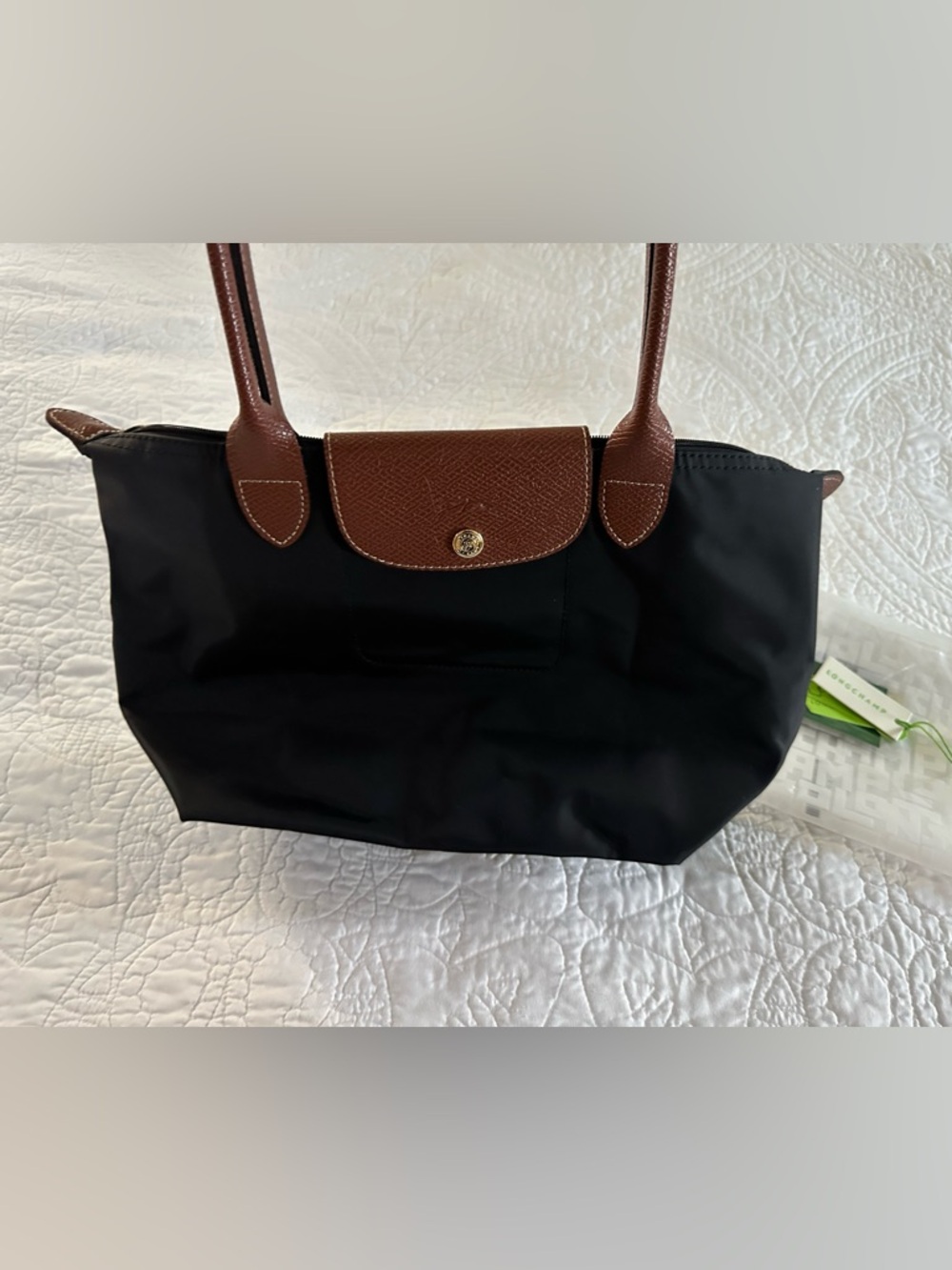 Longchamp Black Tote with Brown Leather Trim